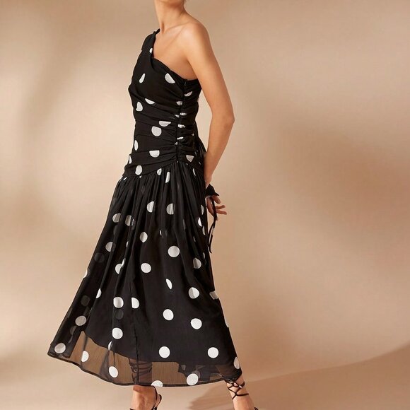 Black And White Elegant Women's Polka Dot One Shoulder Long Sleeve Maxi Dress - Picture 5 of 6